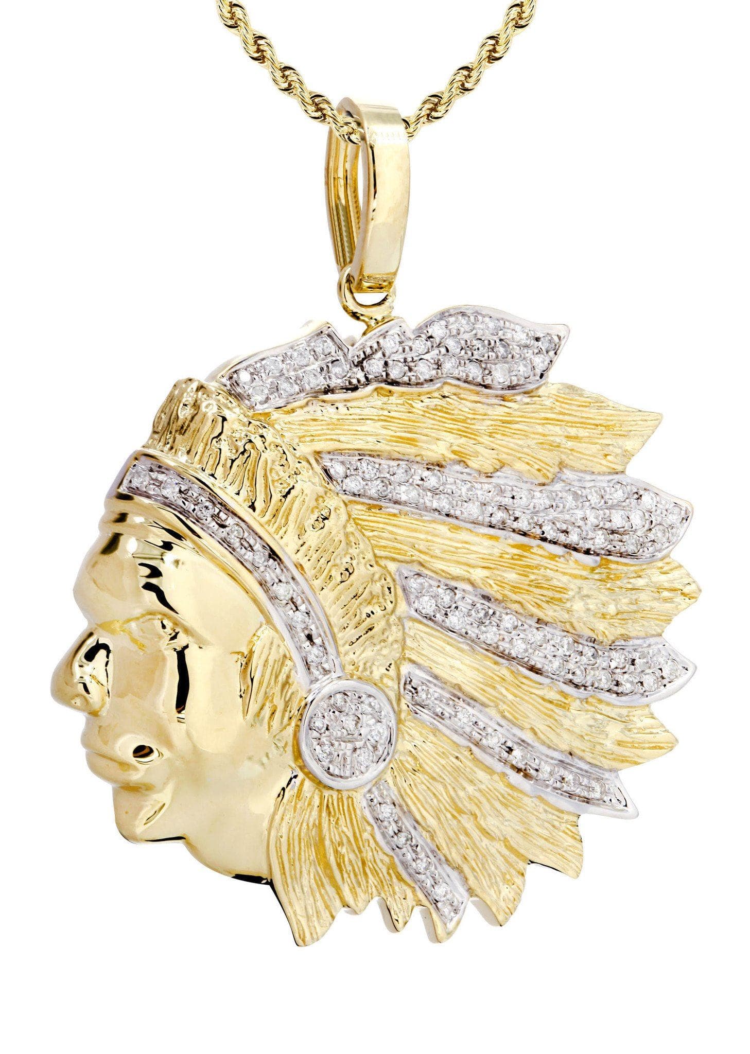 10K Yellow Gold Head Chief Diamond Pendant & Rope Chain | 0.39 Carats ...