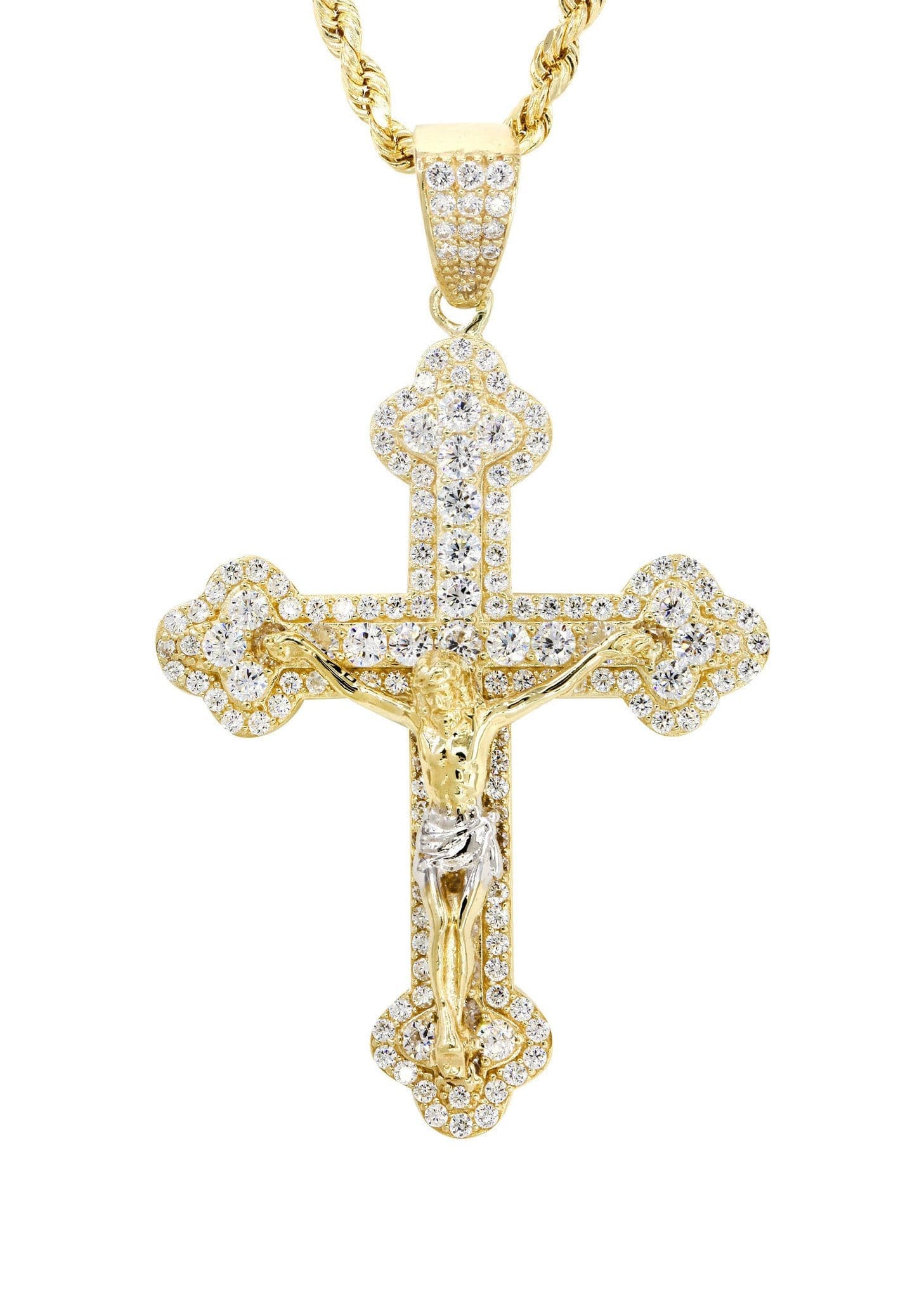 10K Yellow Gold Rope Chain & Cz Gold Cross Necklace | Appx. 17.9 Grams ...
