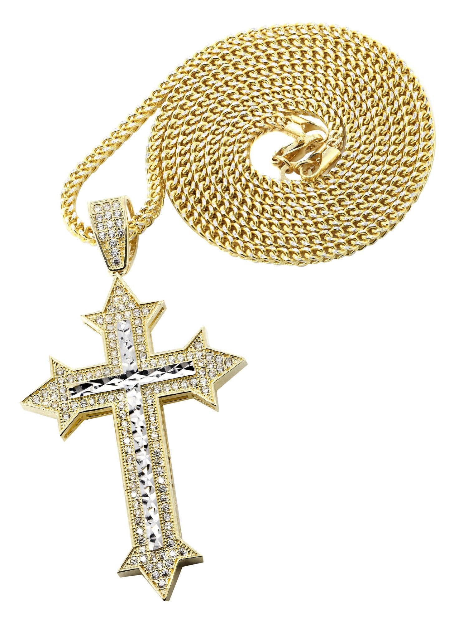 10K Yellow Gold Franco Chain & Cz Gold Cross Necklace / Appx. 14.7 Grams