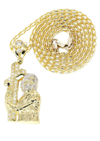 10K Yellow Gold Fancy Link Chain & Cz Jesus Piece Chain | Appx. 14.6 Grams