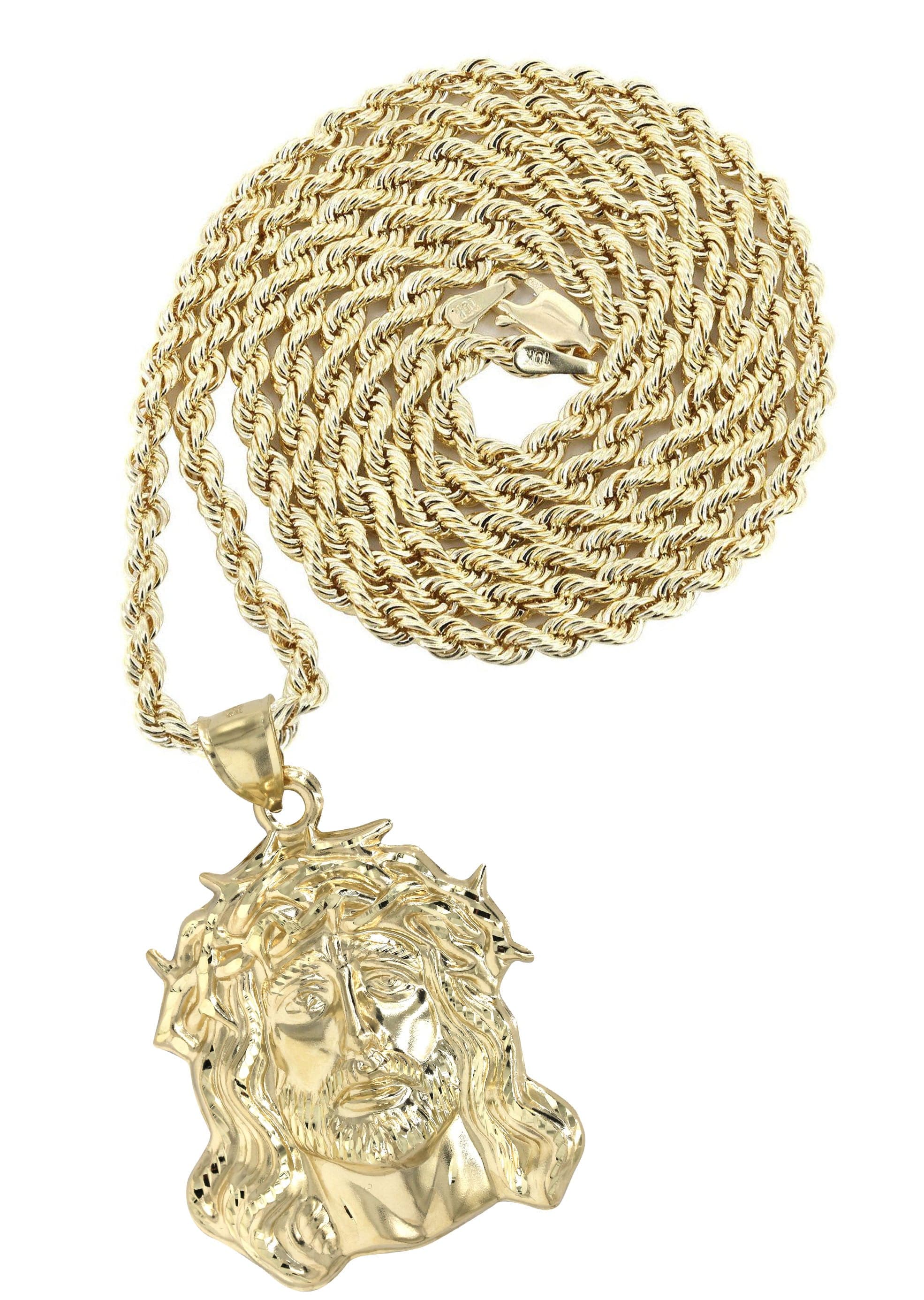 10K Yellow Gold Rope Chain & Jesus Head Pendant | Appx. 19 Grams – FrostNYC