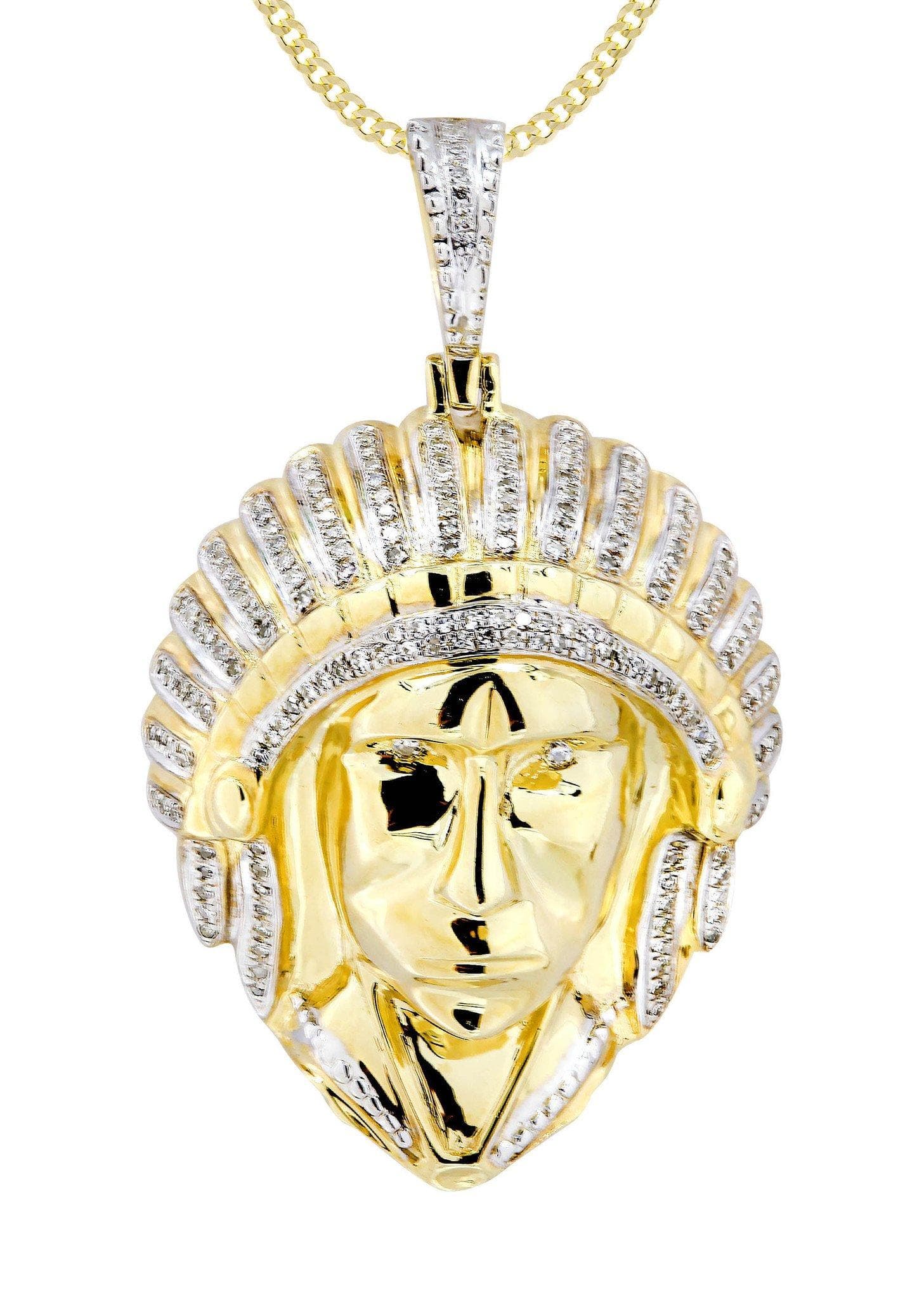 10K Yellow Gold Chief Head Diamond Pendant & Cuban Chain | 0.29 Carats ...