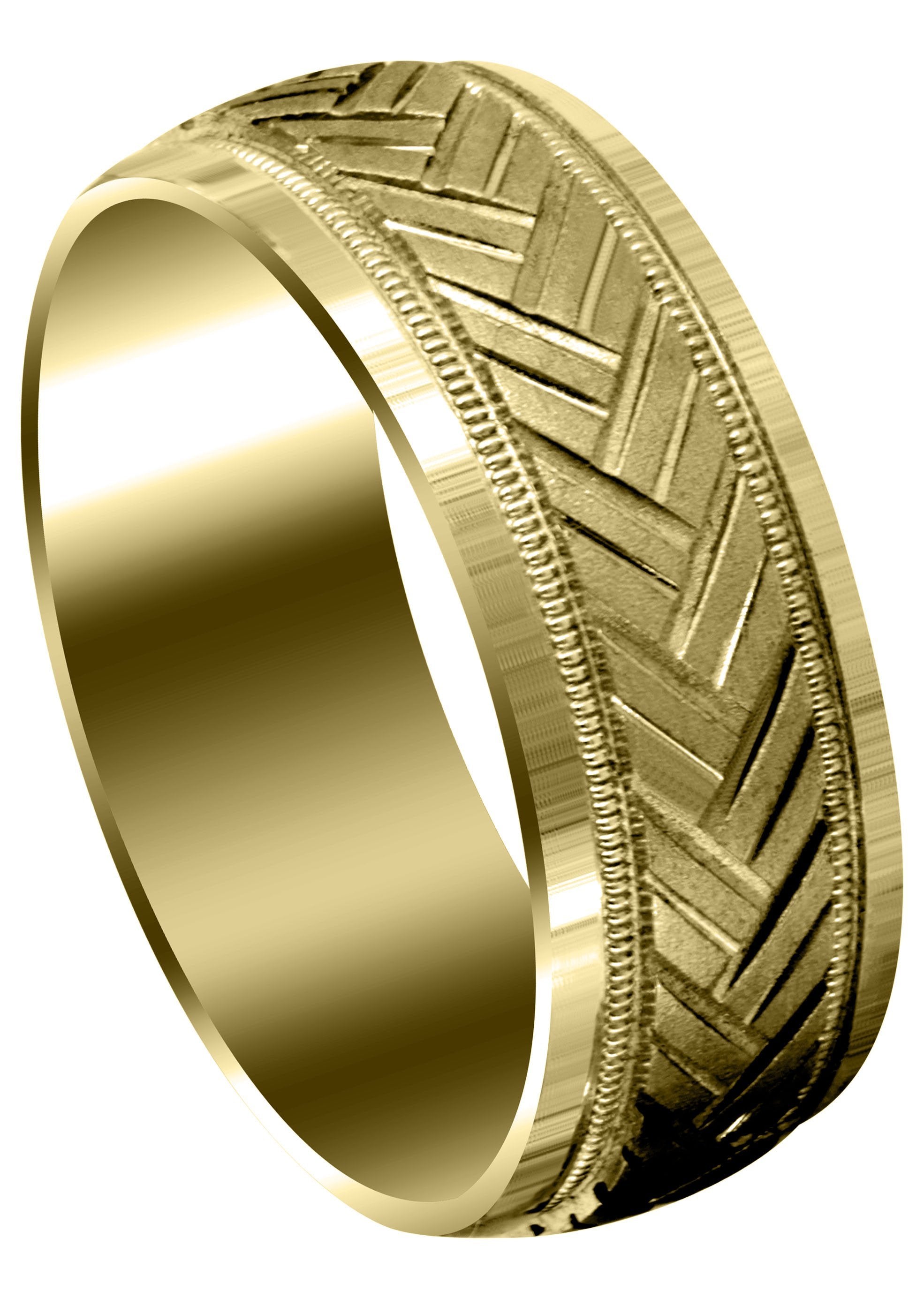 Yellow Gold Fancy Carved Contemporary Mens Wedding Band High Polish