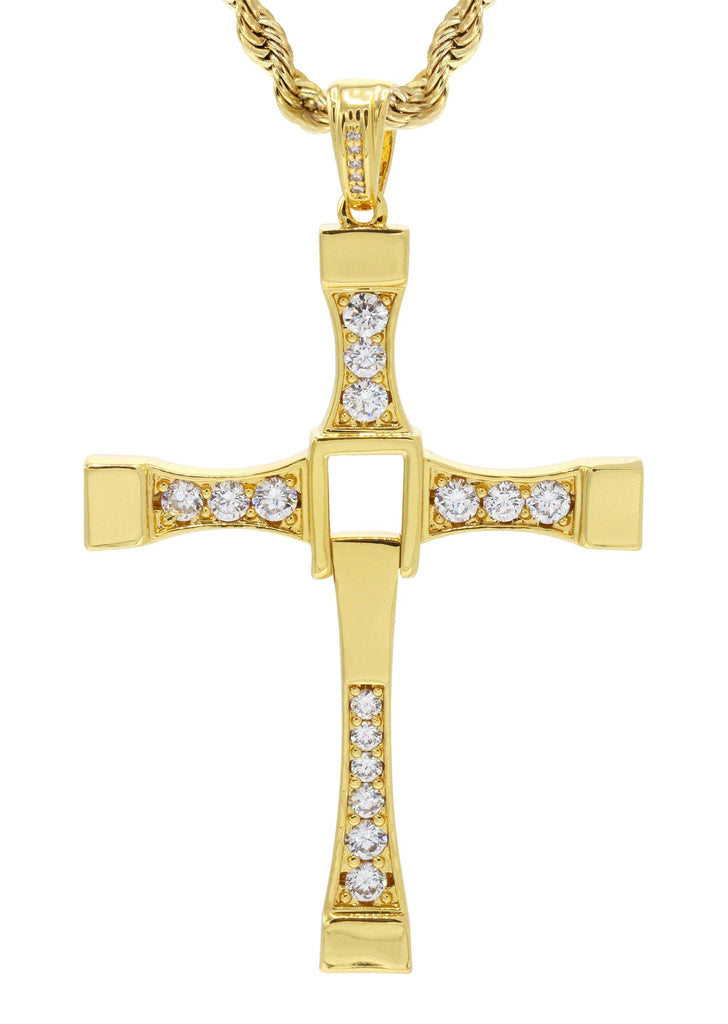 Mens Gold Plated Rope Chain & Cross Pendant | Appx. 26.7 Grams – FrostNYC