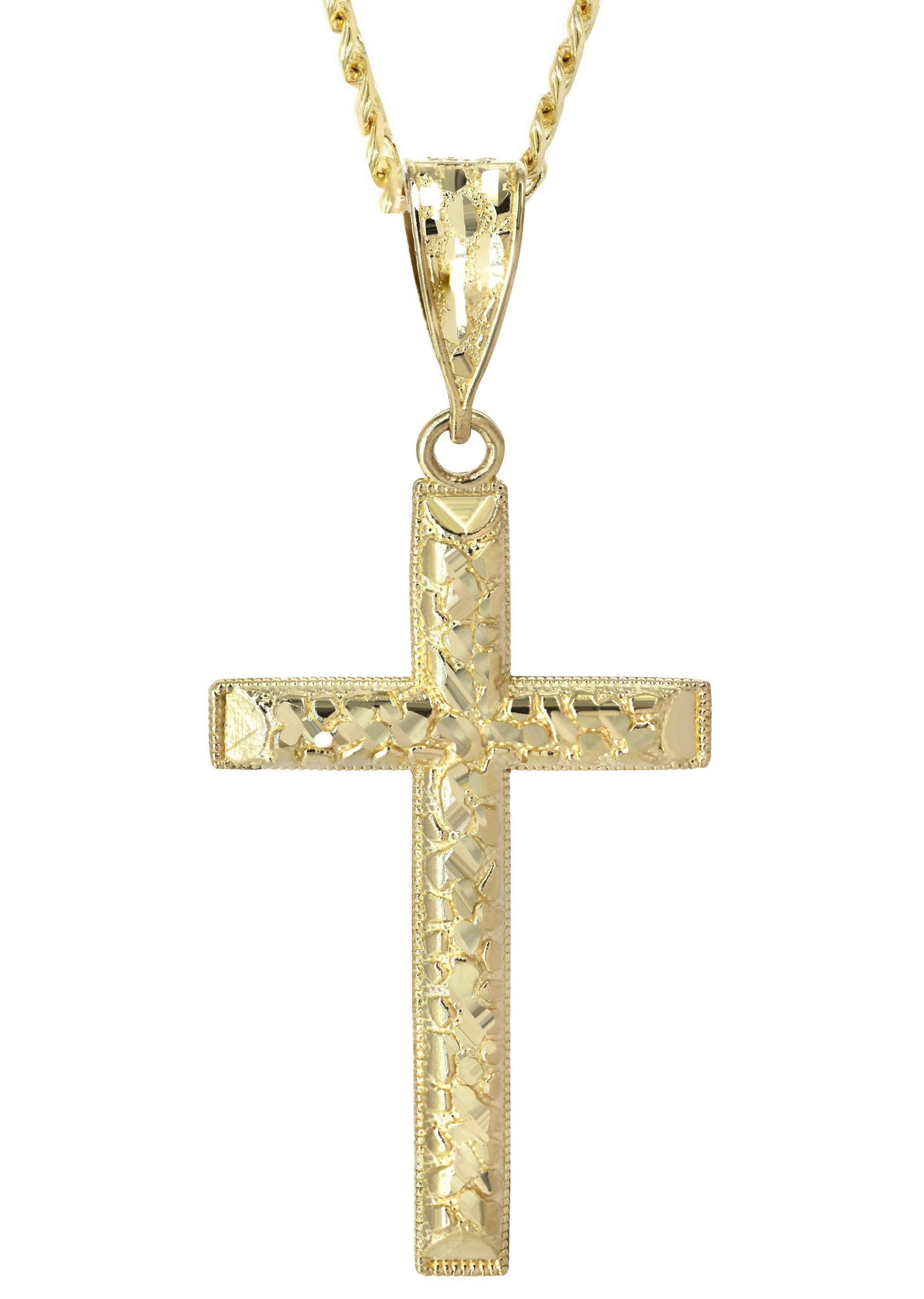 10K Yellow Gold Cuban Chain & Nugget Cross Pendant | Appx. 13.7 Grams ...