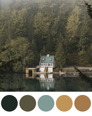 One Tiny Tribe colour palette for a boy's room picked right out of nature. Dark greens, muted blues, and light browns.