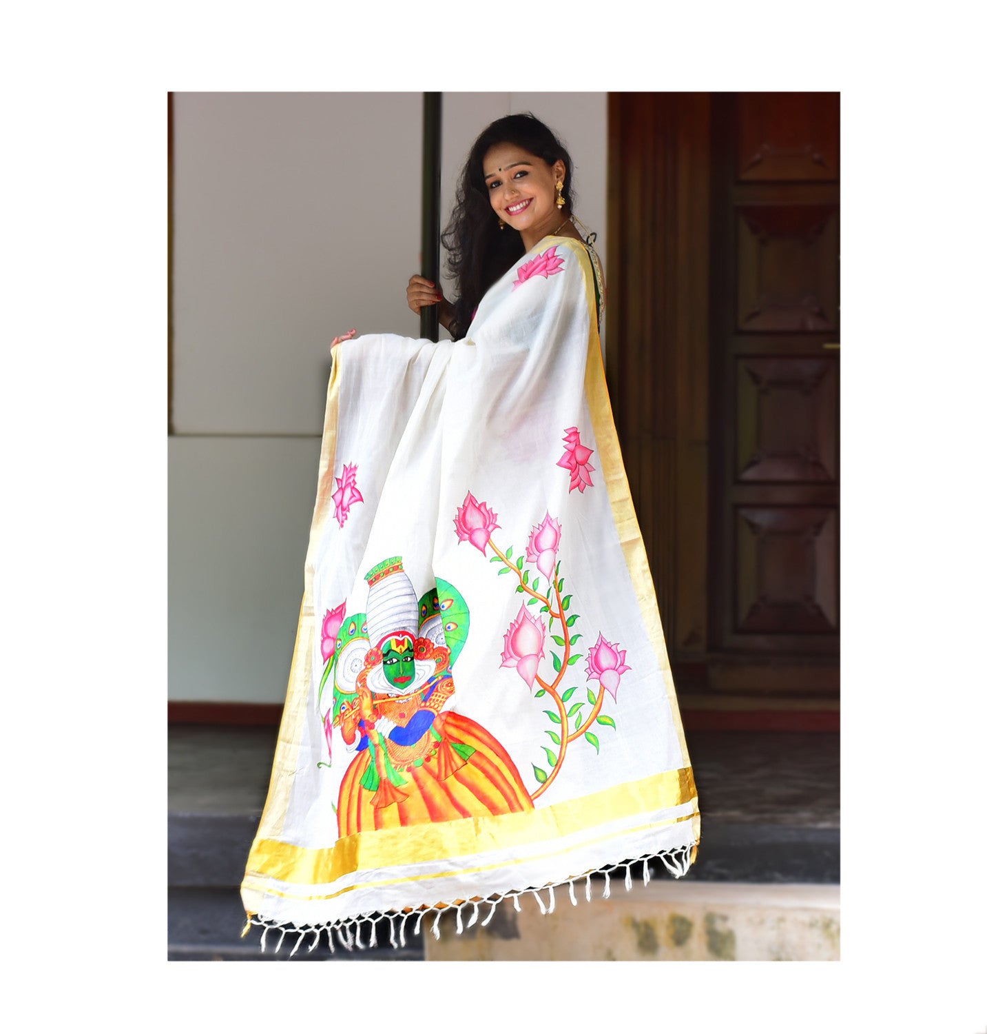 KERALA KASAVU SAREE WITH YELLOW HAND BLOCK PRINT – Tina Eapen Design studio