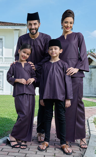 kurung kedah moden kurta teluk belanga purple stripe family set sedondon