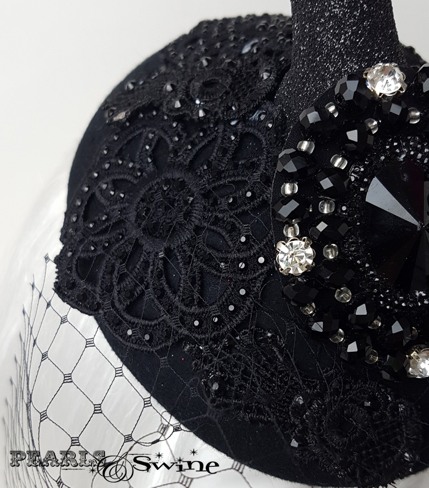 Black Lace & Crystal Veil Hat 