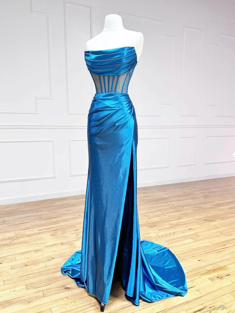 Princess Mermaid Blue Satin Long Prom Dresses with High Slit, Mermaid ...