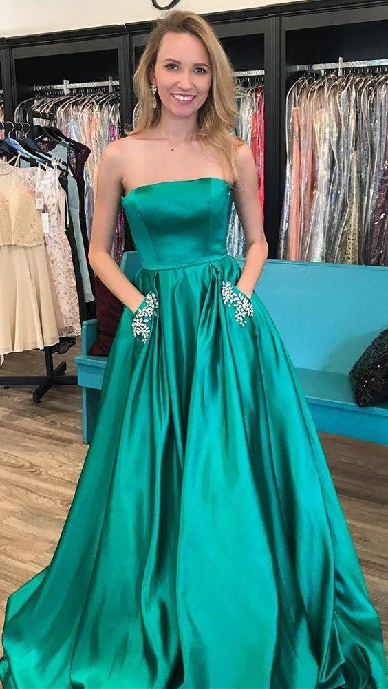 A-Line Strapless Blue Prom Dress with Beading Pockets, Green Formal Dr ...