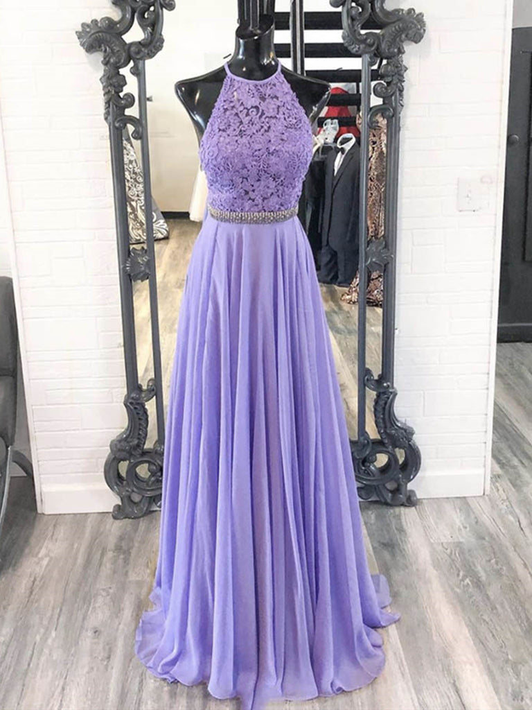 A Line Halter Neck Purple Lace Prom Dresses with Belt, Lilac Lace Form ...