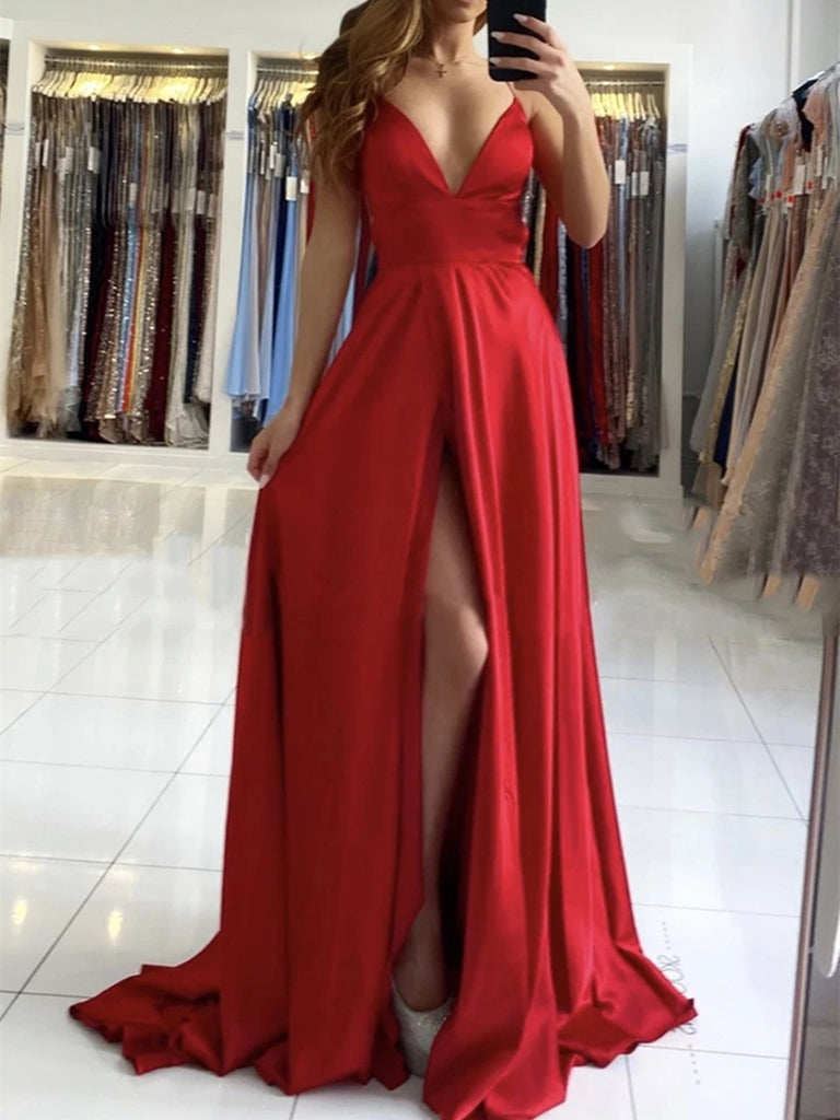 A Line V Neck Backless Long Red Prom Dresses With High