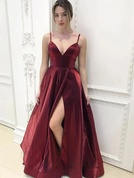 A Line V Neck Burgundy Long Prom Dresses with High Slit, Maroon Formal ...