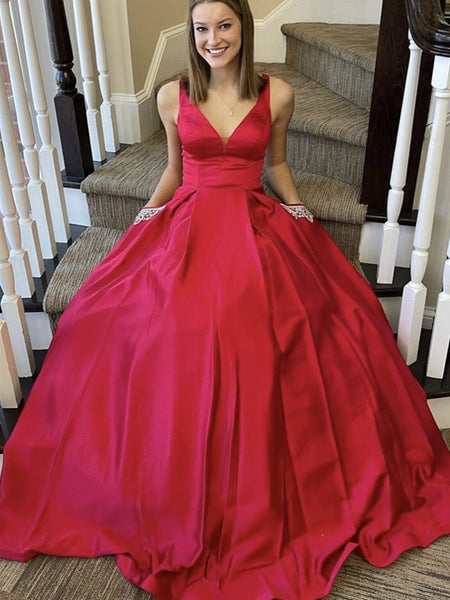 A Line V Neck Red Satin Long Prom Dresses with Pocket, V Neck Red Form ...