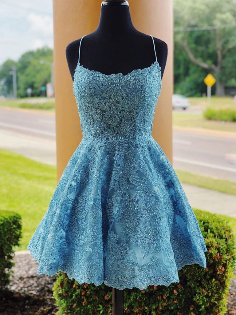 A Line Backless Lace Blue Short Prom Dresses Homecoming Dresses, Backl –  Shiny Party