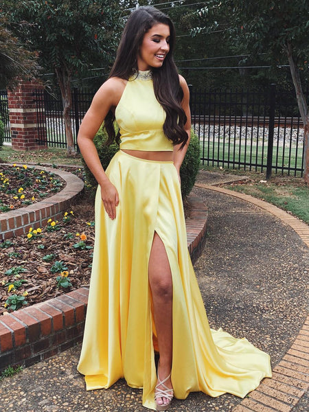 A Line High Neck Two Pieces Yellow Satin Long Prom Dresses With High S Shiny Party 1854