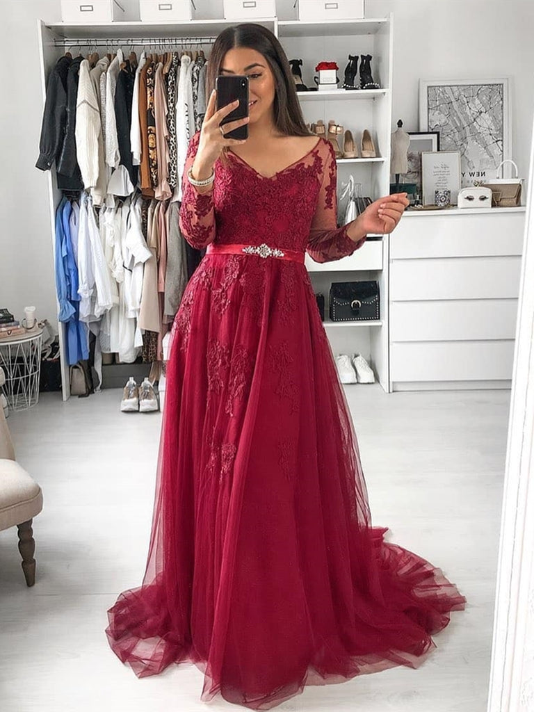 long sleeve burgundy dress formal