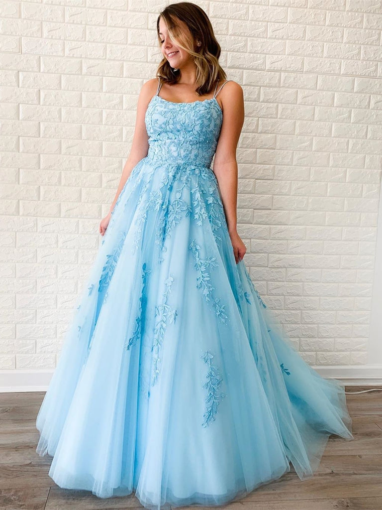 A Line Sky Blue Lace Backless Long Prom Dresses, Backless Sky Blue Lac ...