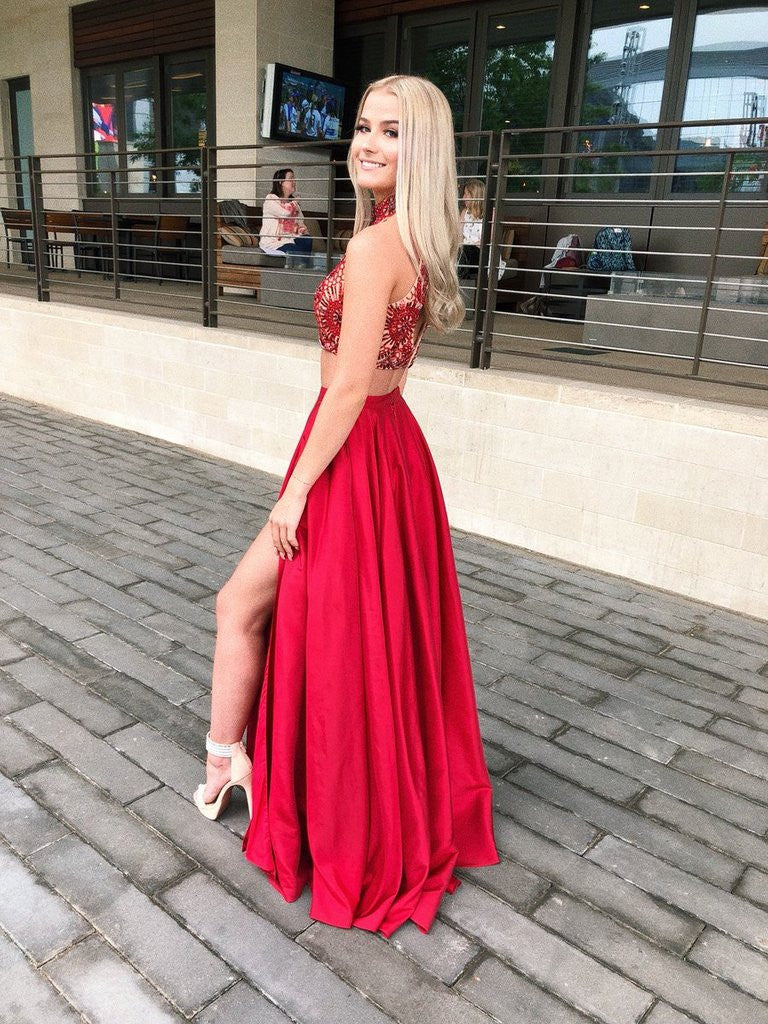 high neck red prom dress