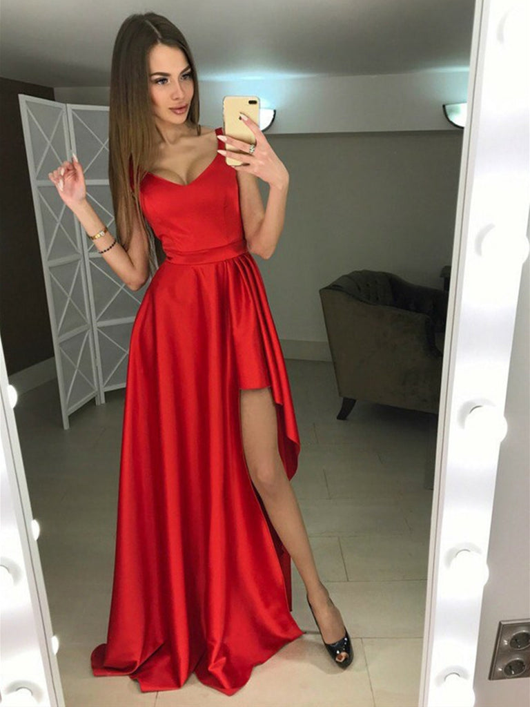 A Line V Neck Asymmetry Floor Length Red White Prom Dresses With
