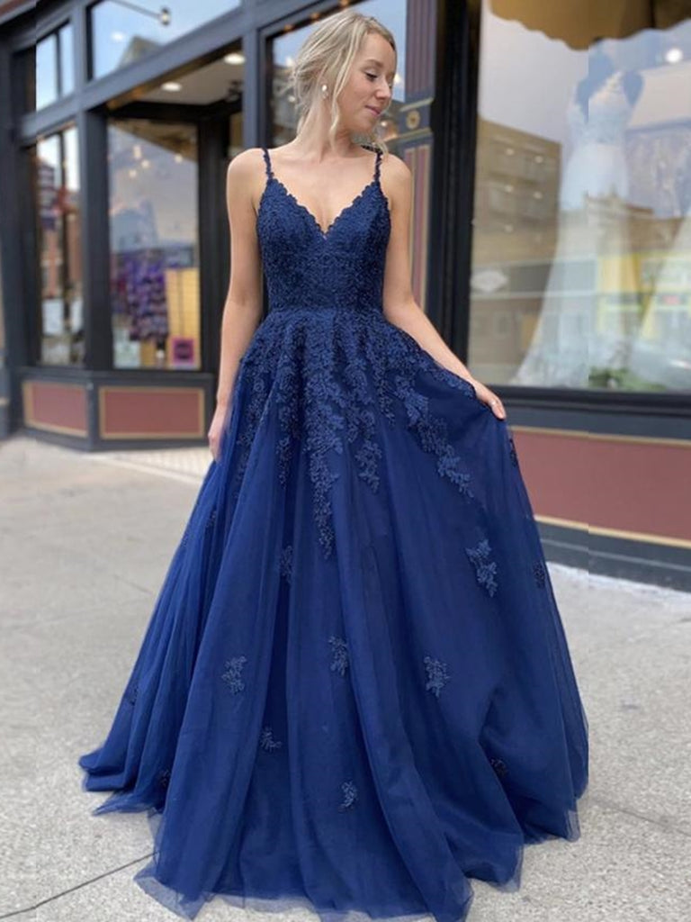 A Line V Neck Backless Navy Blue Lace Prom Dresses 2020, Backless Navy ...