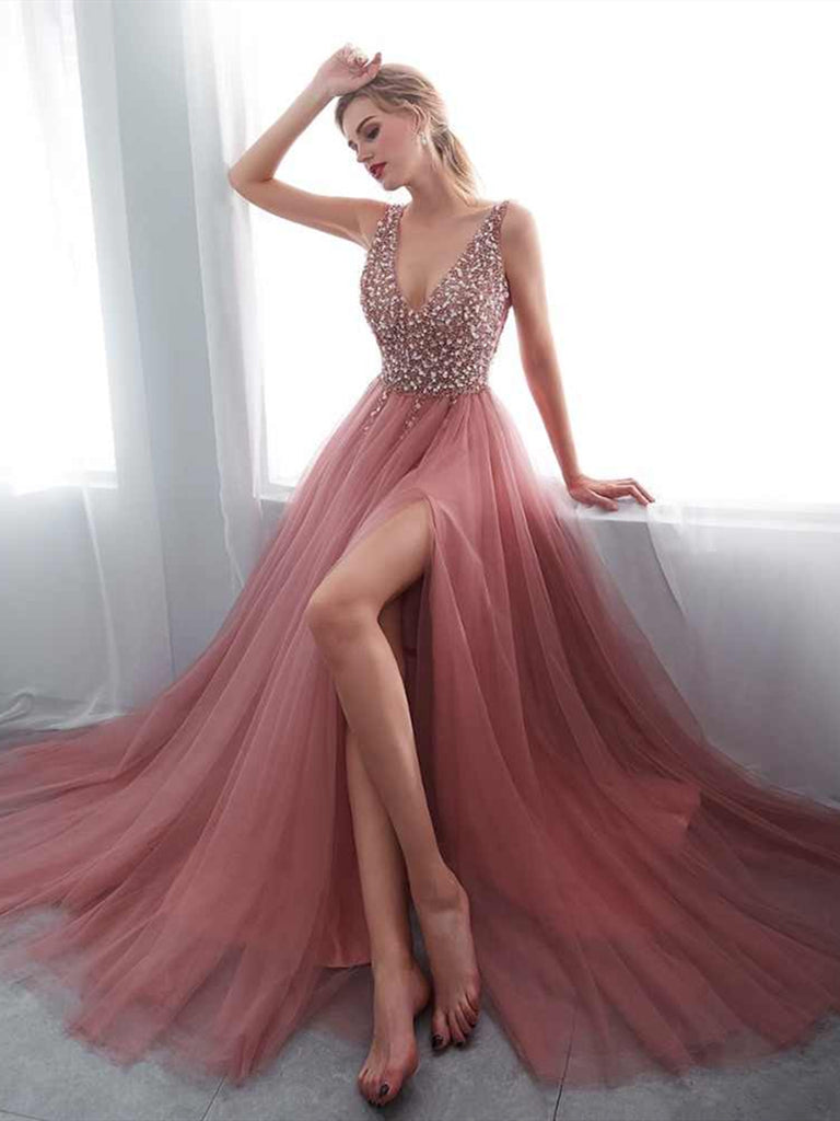 A Line V Neck Beaded Pink Tulle Long Prom Dresses With