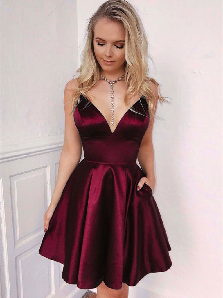 burgundy satin dress short