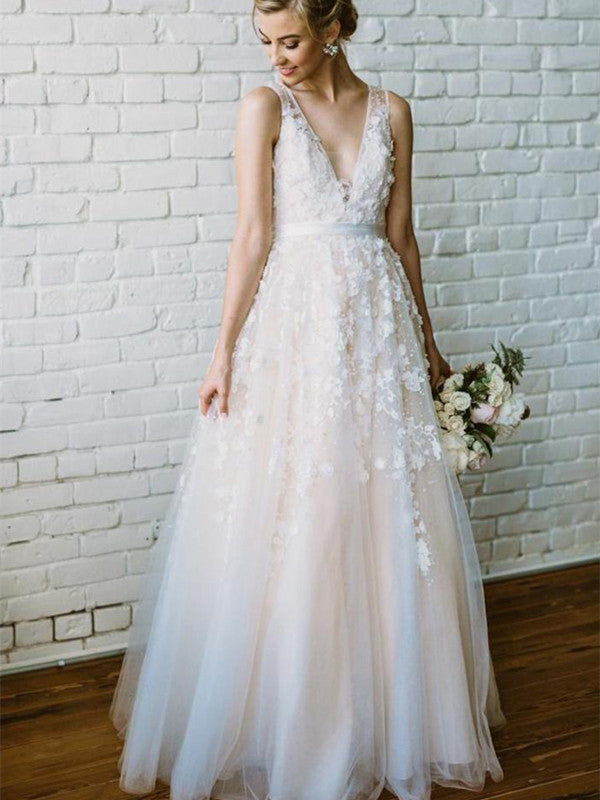  A Line  V Neck Lace Tulle Champagne  Wedding  Dresses  