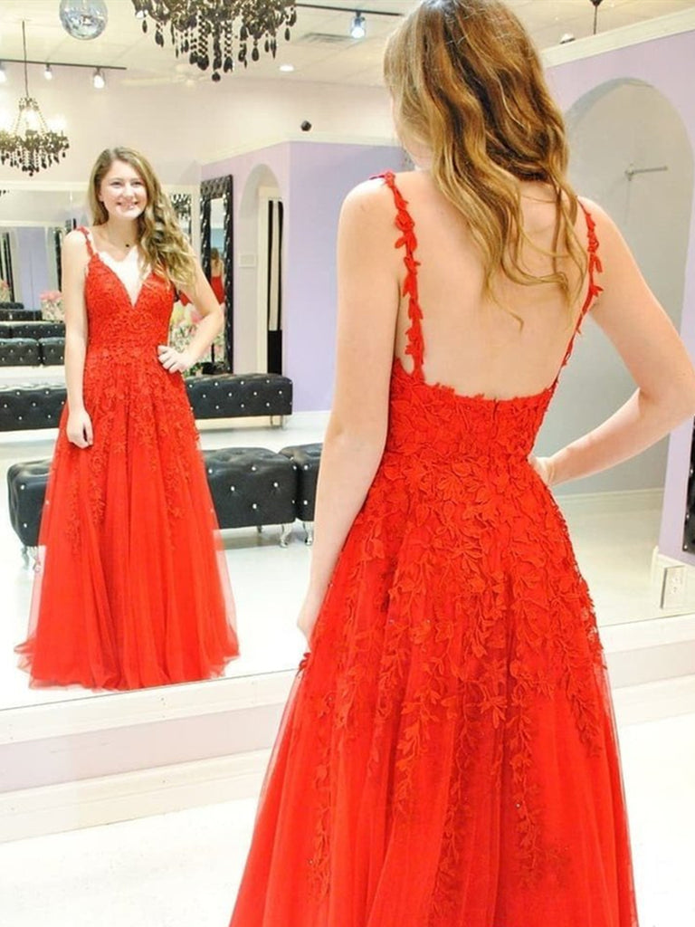 red spaghetti strap dress prom