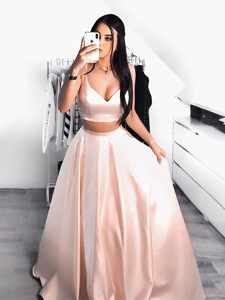 two piece pink prom dress