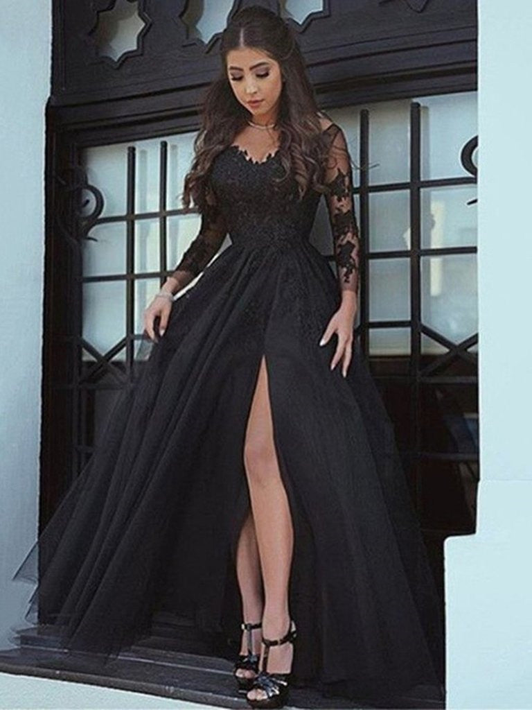 Black A Line Long Sleeves Lace Prom Dress, Black Lace ...