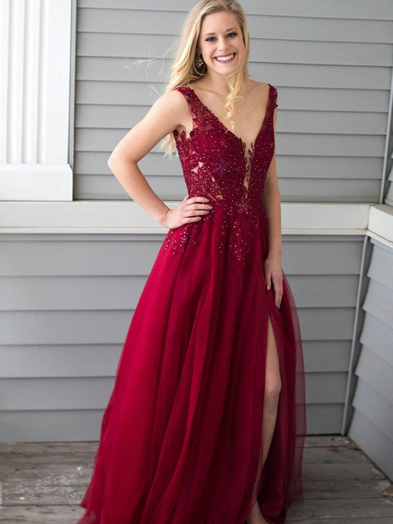 Burgundy A Line V Neck Lace Appliques Beading Chiffon Long Prom Dresse ...