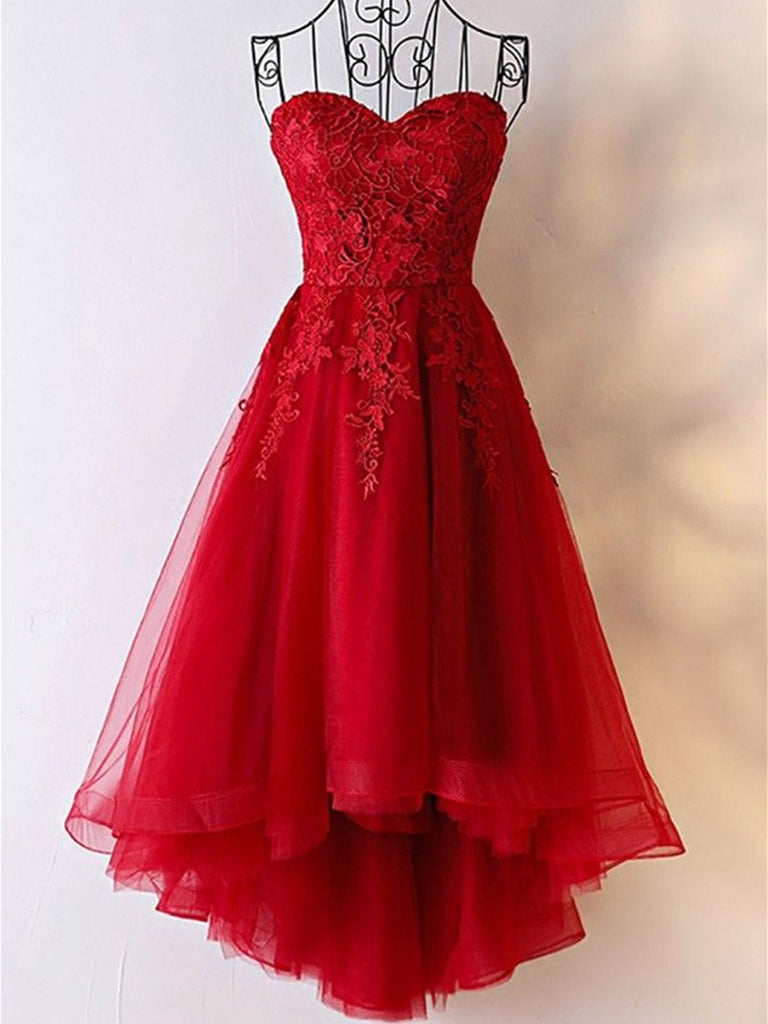 red strapless high low dress