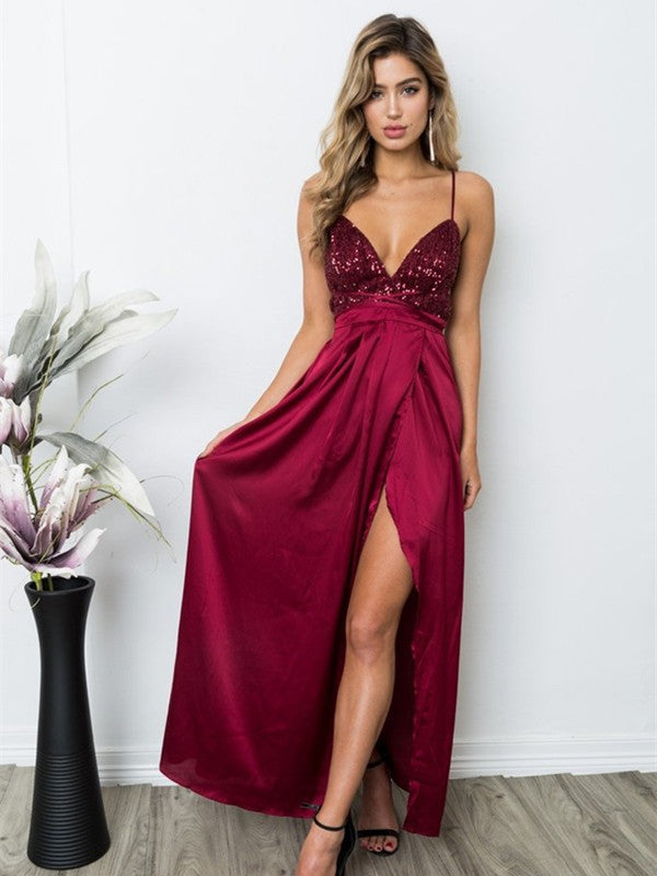 Burgundy V Neck Spaghetti Straps Backless Long Prom Dresses Burgundy