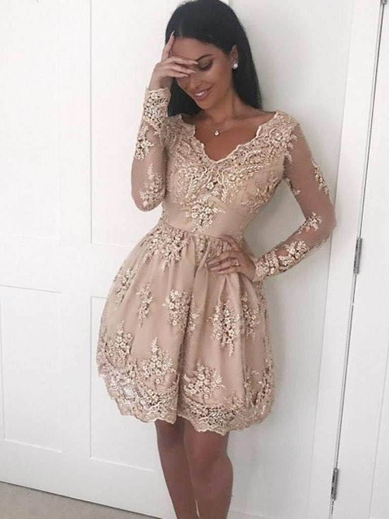 Champagne Long Sleeves Lace Short Prom 