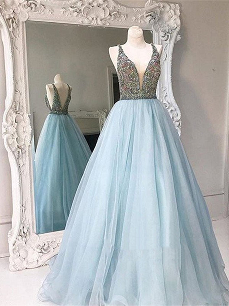 Custom Made Light Blue V Neck Open Back Prom Dresses, V Neck Formal Dr ...