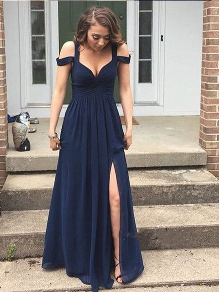 navy blue off shoulder prom dress