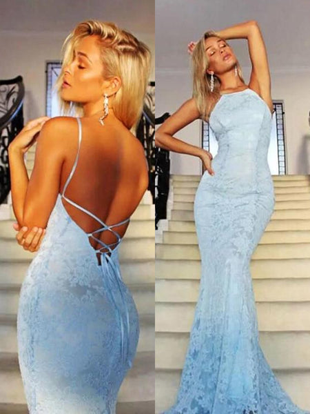 Custom Made Mermaid Backless  Lace Light Blue  Prom  Dresses  