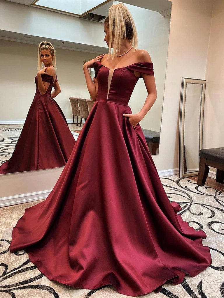 Custom Made Off Shoulder Burgundy Long Prom Dresses With Pocket Off S Shiny Party
