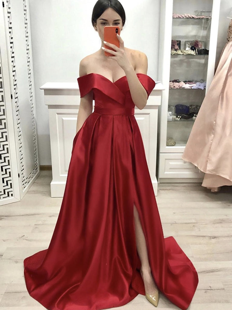 red satin off shoulder dress