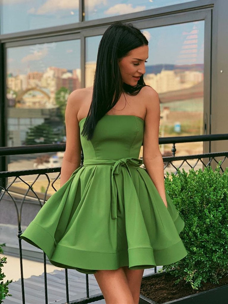 strapless green prom dress