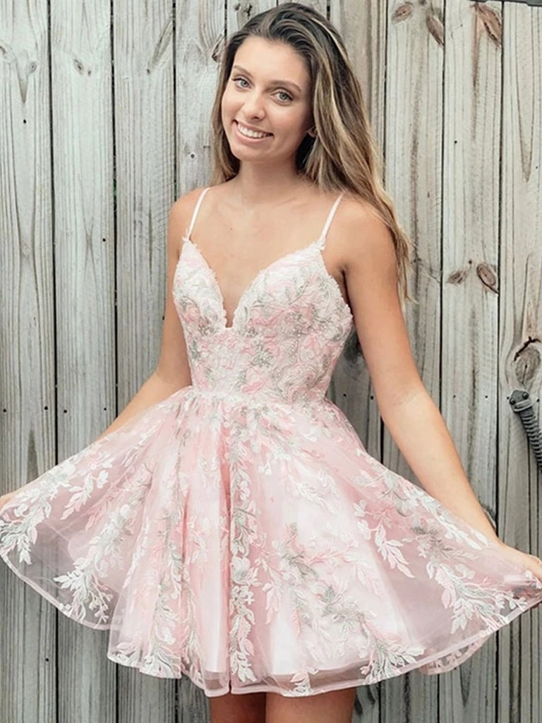 Cute V Neck Lace Appliques Pink Short Prom Dresses