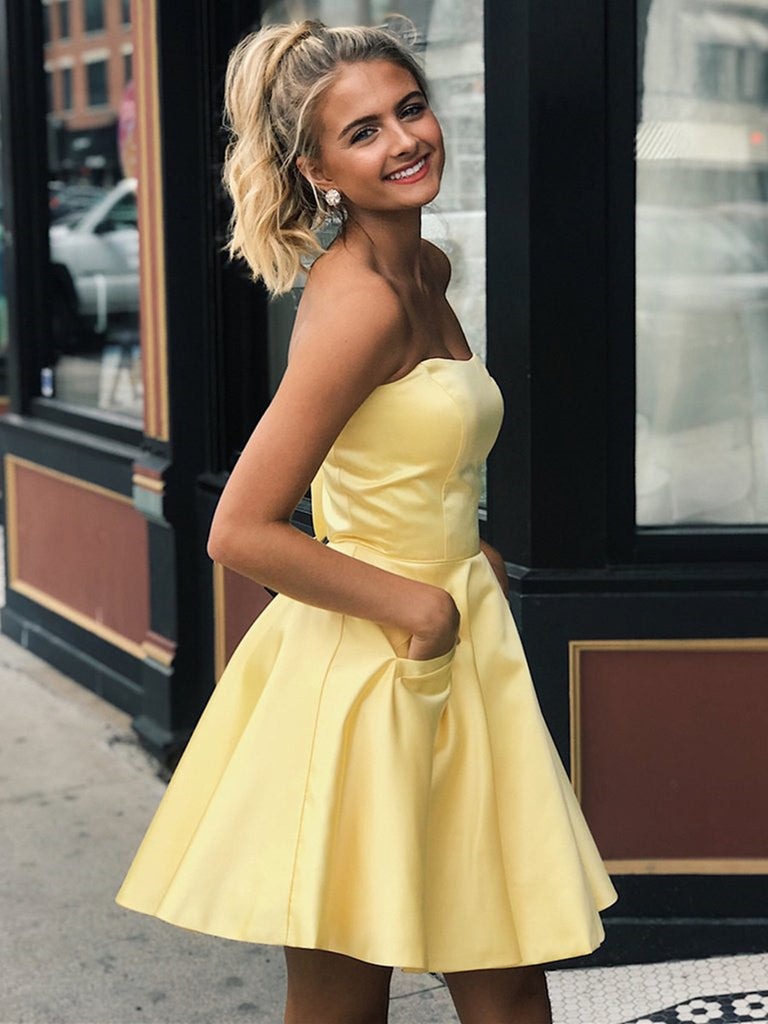 short yellow satin dress