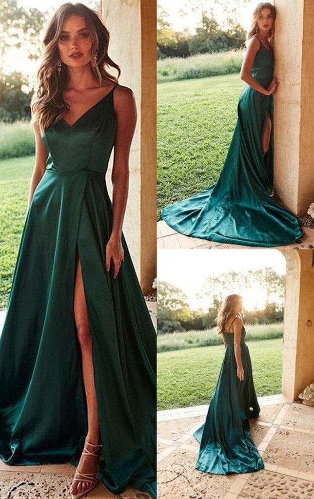 green satin evening dress