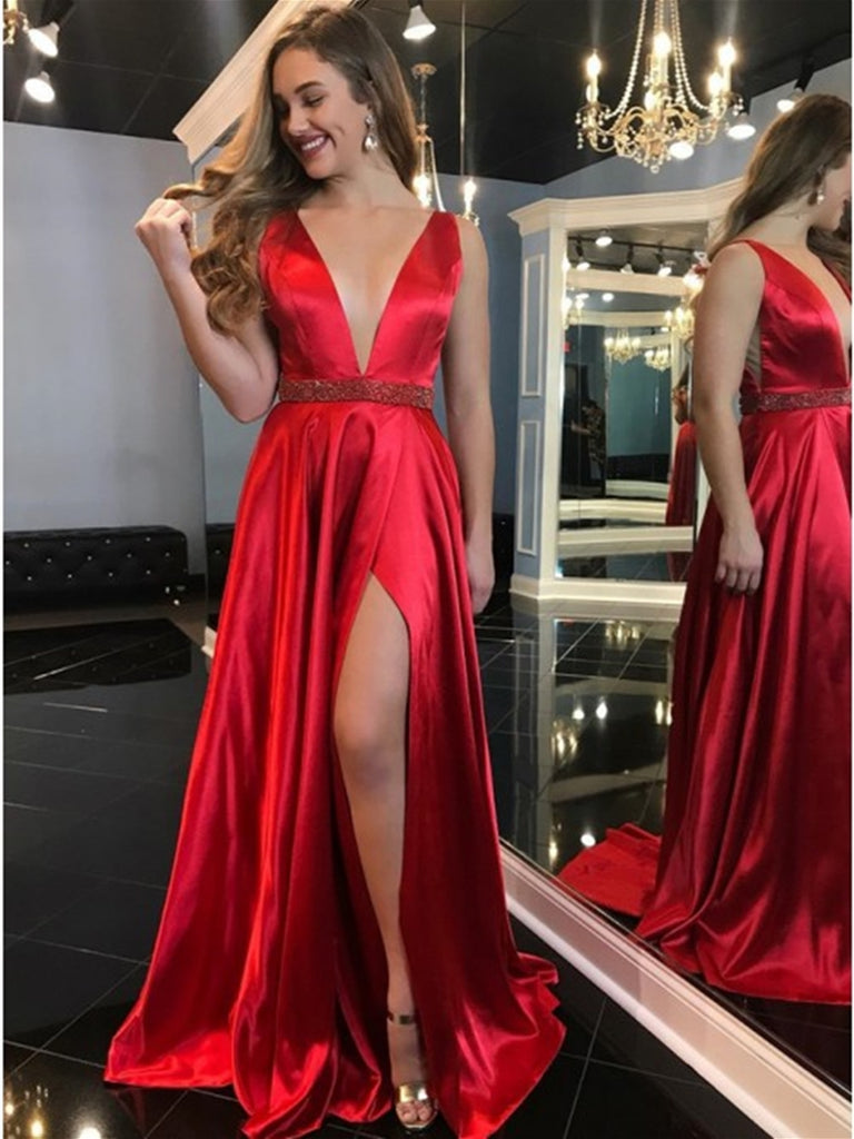 Elegant V Neck Red Satin Long Prom Dresses 2020 With High Slit V