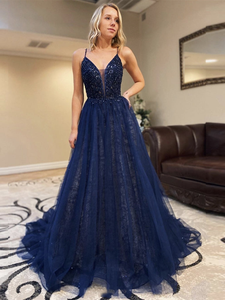 Gorgeous Deep V Neck Sequins Backless Navy Blue Lace Long Prom Dresses Shiny Party 