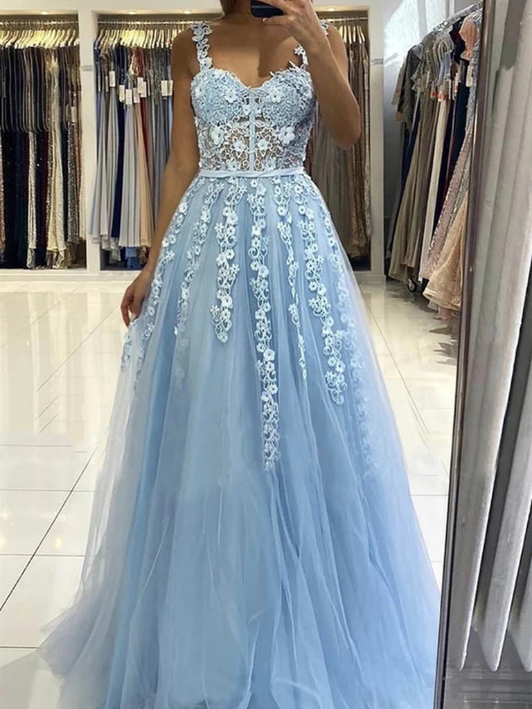 light blue floral prom dress