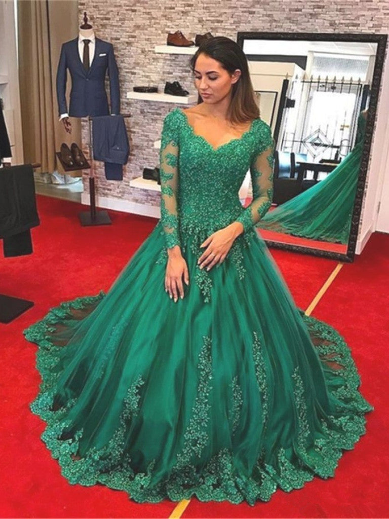 long sleeve green formal gown