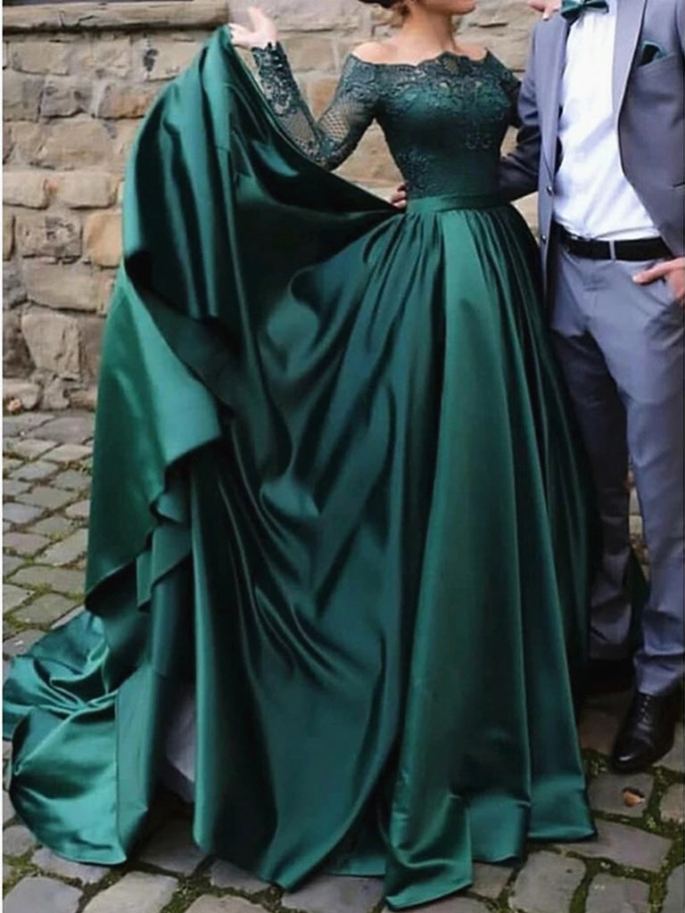 Long Sleeves Lace Emerald Green Prom Dresses Emerald Green Lace Forma Shiny Party